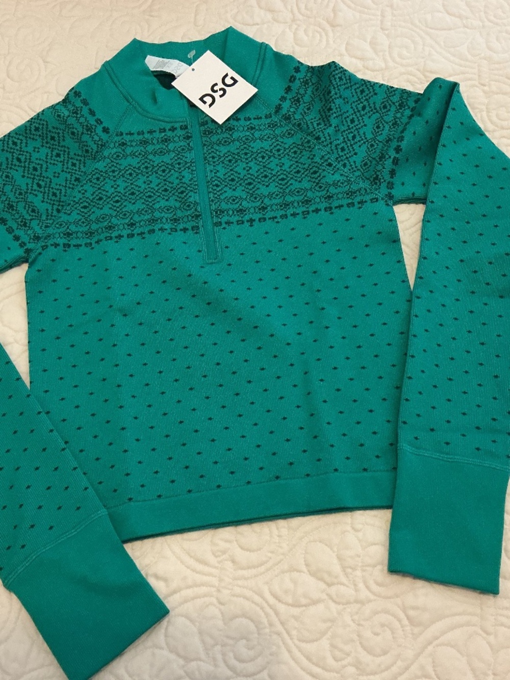 DSG 1/4 Zip Small Seamless Green Fair Isle Womens Long Sleeve Top Size XS NWT